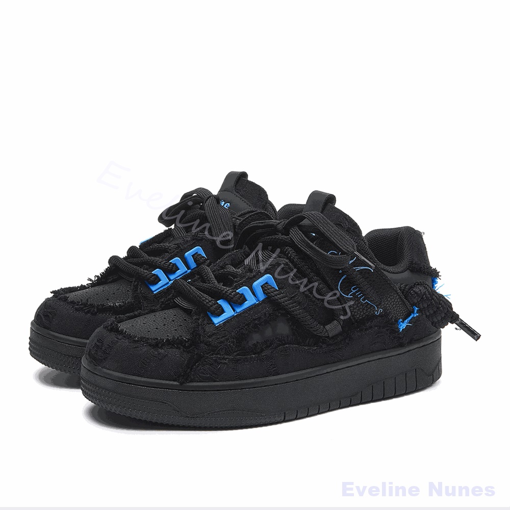 Men Shoes Winter - Black Frayed Raw Edge Platform Skate